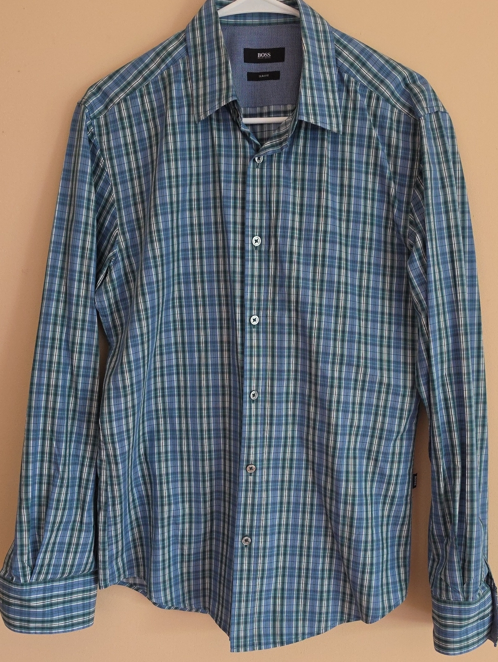 BOSS Blue and Green Plaid Long-Sleeve Dress Shirt